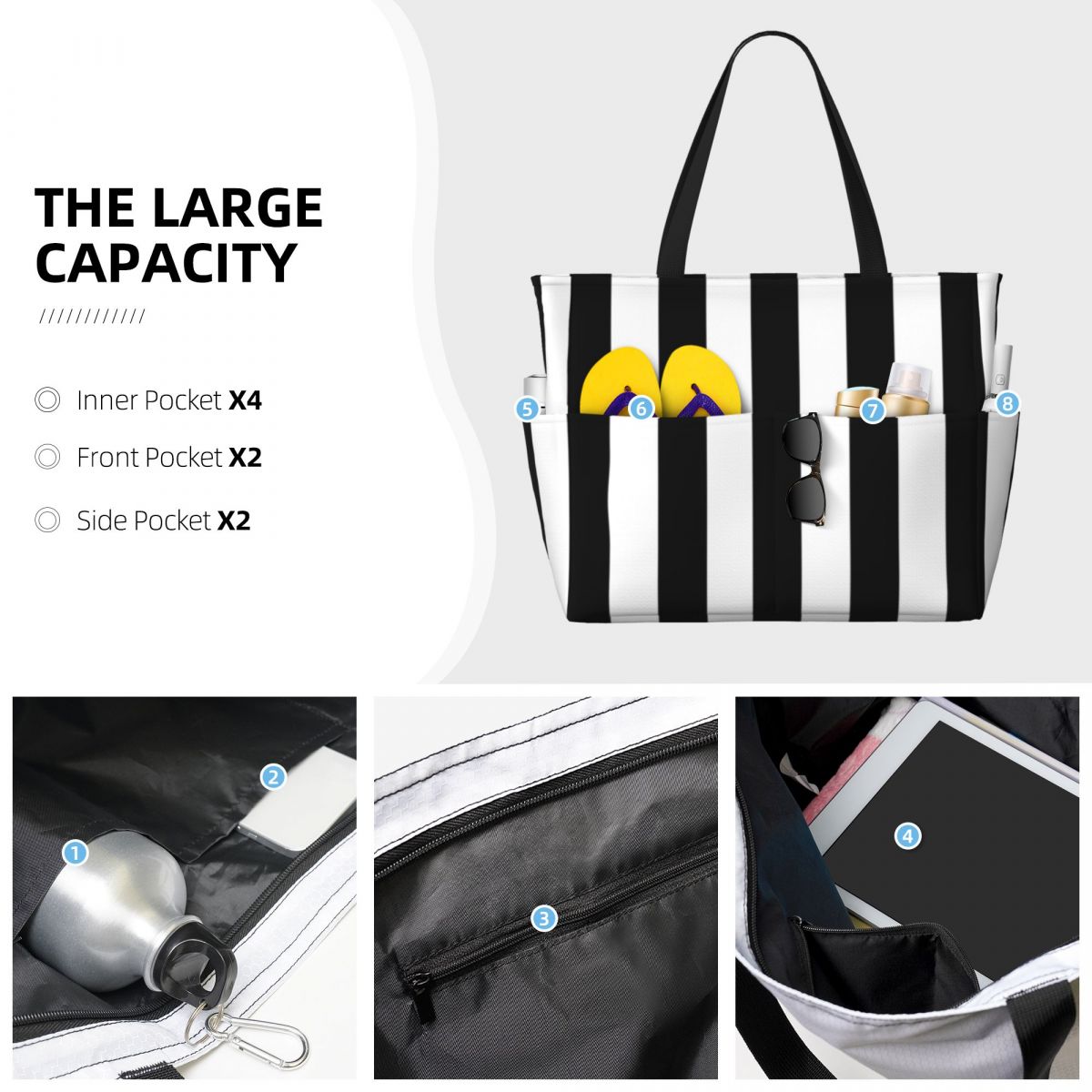 Black White Stripe Beach Tote  - Yoga Fitness Tote recension och pris