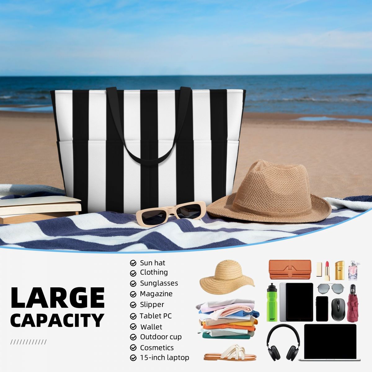 Black White Stripe Beach Tote  - Yoga Fitness Tote recension och pris